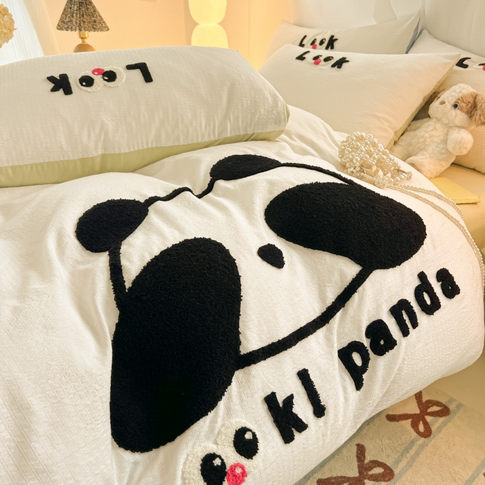 91家纺网 家纺一手货源 找家纺 多乐家纺 2025新款超柔加厚有氧提花针织小竺棉绣花四件套(提供买家秀） 大脸猫-白绿