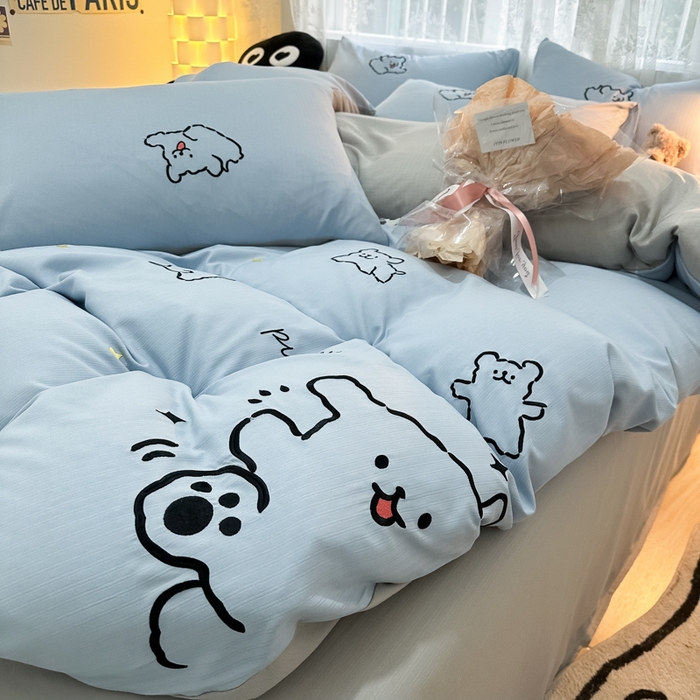 91家纺网 家纺一手货源 找家纺 多乐家纺 2025新款超柔加厚有氧提花针织小竺棉绣花四件套(提供买家秀） 小白-蓝灰