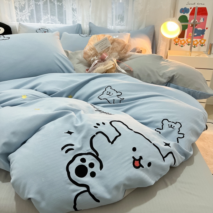 91家纺网 家纺一手货源 找家纺 多乐家纺 2025新款超柔加厚有氧提花针织小竺棉绣花四件套(提供买家秀） 小白-蓝灰