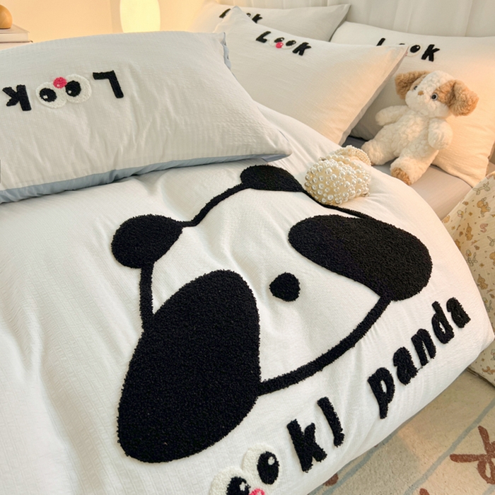 91家纺网 家纺一手货源 找家纺 多乐家纺 2025新款超柔加厚有氧提花针织小竺棉绣花四件套(提供买家秀） 大脸猫-白蓝