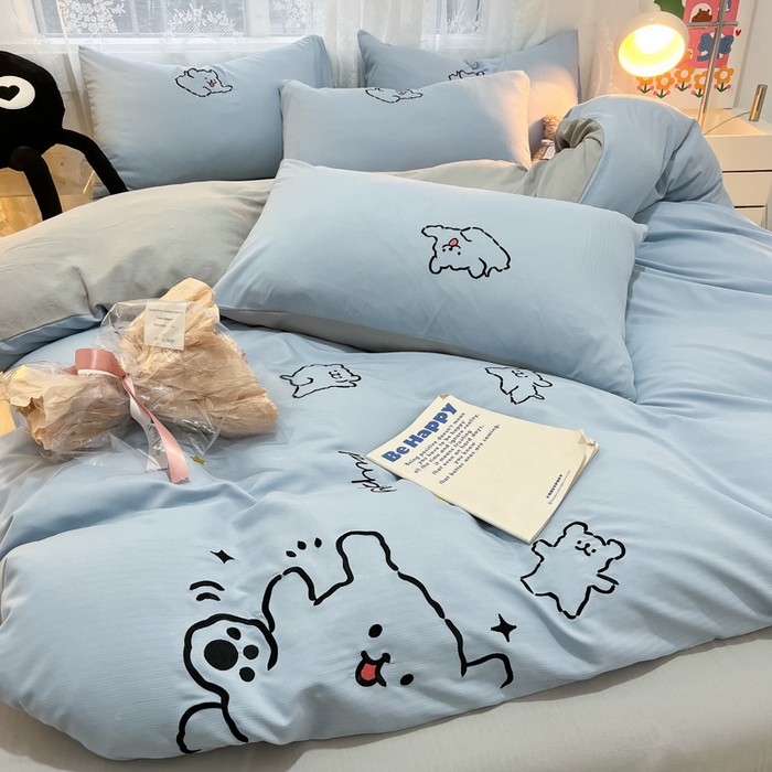 91家纺网 家纺一手货源 找家纺 多乐家纺 2025新款超柔加厚有氧提花针织小竺棉绣花四件套(提供买家秀） 小白-蓝灰