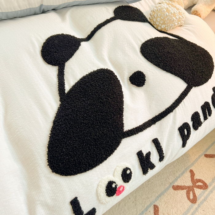 91家纺网 家纺一手货源 找家纺 多乐家纺 2025新款超柔加厚有氧提花针织小竺棉绣花四件套(提供买家秀） 大脸猫-白蓝