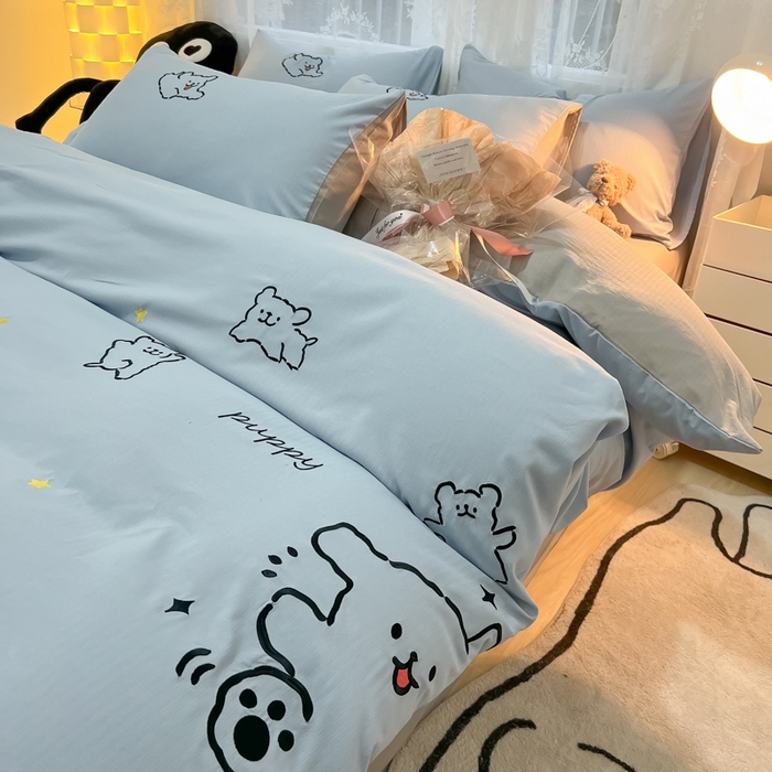 91家纺网 家纺一手货源 找家纺 多乐家纺 2025新款超柔加厚有氧提花针织小竺棉绣花四件套(提供买家秀） 小白-蓝灰