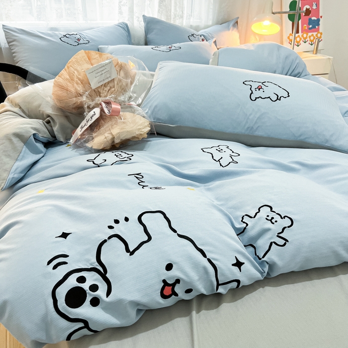 91家纺网 家纺一手货源 找家纺 多乐家纺 2025新款超柔加厚有氧提花针织小竺棉绣花四件套(提供买家秀） 小白-蓝灰