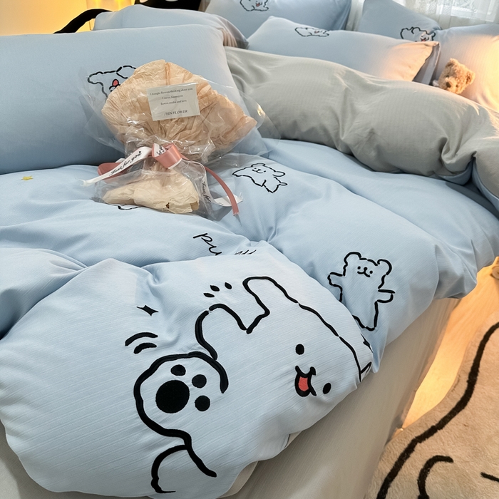 多乐家纺 2025新款超柔加厚有氧提花针织小竺棉绣花四件套(提供买家秀） 小白-蓝灰