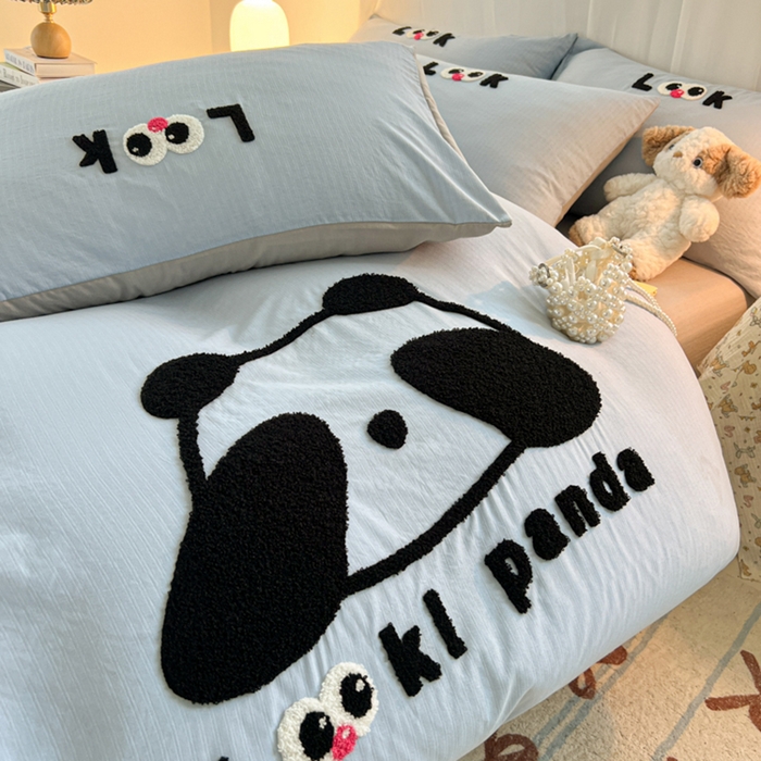 91家纺网 家纺一手货源 找家纺 多乐家纺 2025新款超柔加厚有氧提花针织小竺棉绣花四件套(提供买家秀） 大脸猫-蓝灰