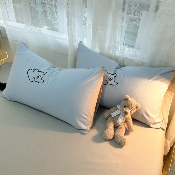 91家纺网 家纺一手货源 找家纺 多乐家纺 2025新款超柔加厚有氧提花针织小竺棉绣花四件套(提供买家秀） 小白-蓝灰