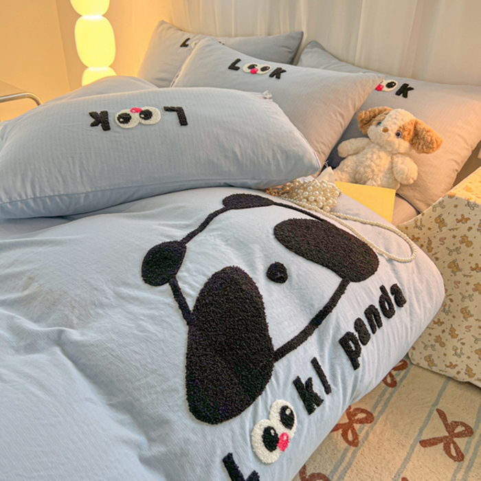 91家纺网 家纺一手货源 找家纺 多乐家纺 2025新款超柔加厚有氧提花针织小竺棉绣花四件套(提供买家秀） 大脸猫-蓝蓝