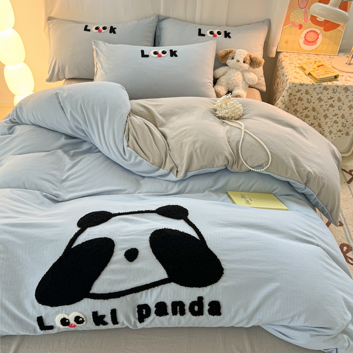 91家纺网 家纺一手货源 找家纺 多乐家纺 2025新款超柔加厚有氧提花针织小竺棉绣花四件套(提供买家秀） 大脸猫-蓝灰