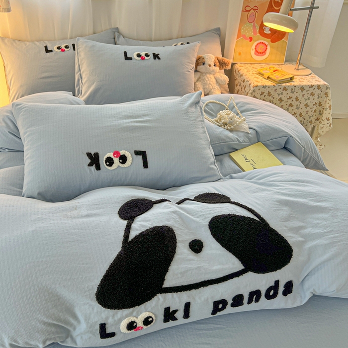 91家纺网 家纺一手货源 找家纺 多乐家纺 2025新款超柔加厚有氧提花针织小竺棉绣花四件套(提供买家秀） 大脸猫-蓝蓝