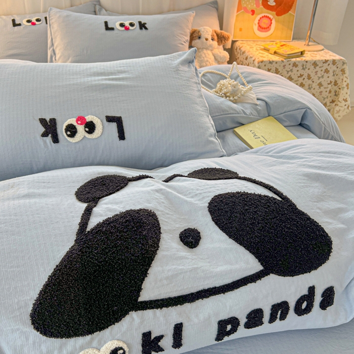 91家纺网 家纺一手货源 找家纺 多乐家纺 2025新款超柔加厚有氧提花针织小竺棉绣花四件套(提供买家秀） 大脸猫-蓝蓝