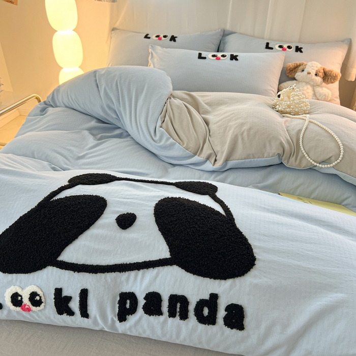 91家纺网 家纺一手货源 找家纺 多乐家纺 2025新款超柔加厚有氧提花针织小竺棉绣花四件套(提供买家秀） 大脸猫-蓝灰