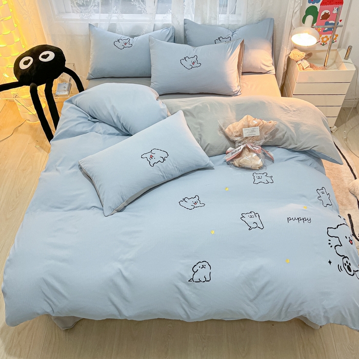 91家纺网 家纺一手货源 找家纺 多乐家纺 2025新款超柔加厚有氧提花针织小竺棉绣花四件套(提供买家秀） 小白-蓝灰