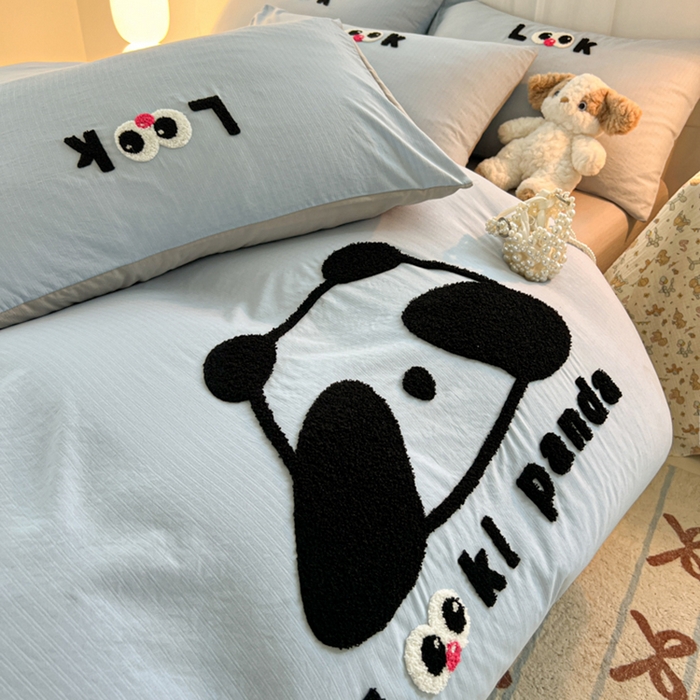 91家纺网 家纺一手货源 找家纺 多乐家纺 2025新款超柔加厚有氧提花针织小竺棉绣花四件套(提供买家秀） 大脸猫-蓝灰