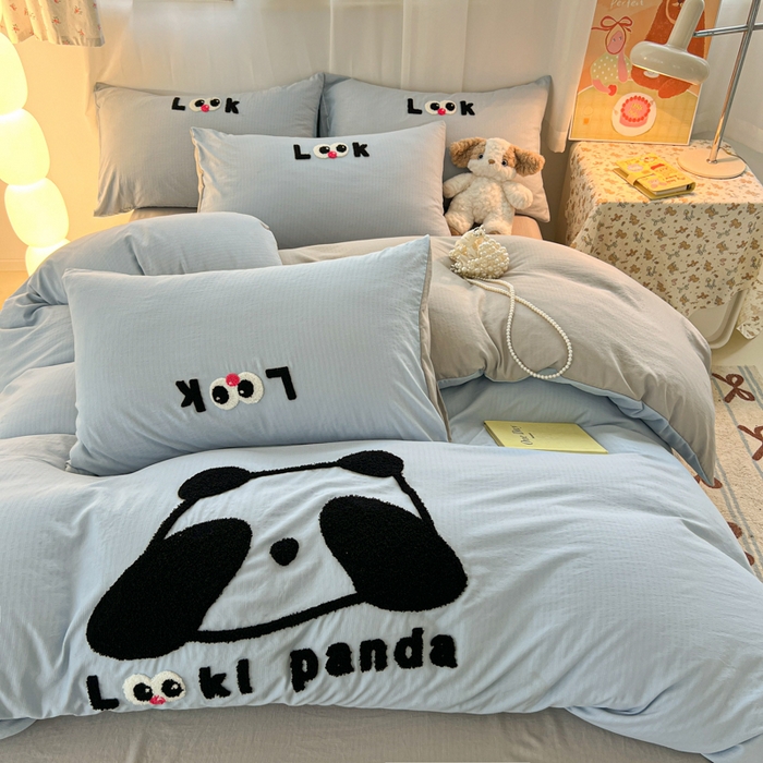 多乐家纺 2025新款超柔加厚有氧提花针织小竺棉绣花四件套(提供买家秀） 大脸猫-蓝灰