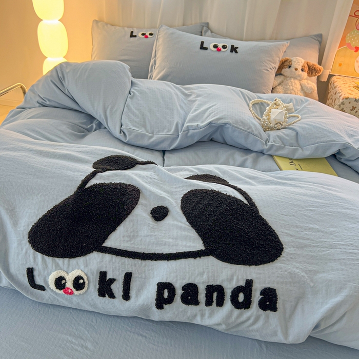 91家纺网 家纺一手货源 找家纺 多乐家纺 2025新款超柔加厚有氧提花针织小竺棉绣花四件套(提供买家秀） 大脸猫-蓝蓝