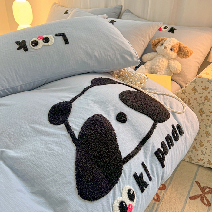 91家纺网 家纺一手货源 找家纺 多乐家纺 2025新款超柔加厚有氧提花针织小竺棉绣花四件套(提供买家秀） 大脸猫-蓝蓝