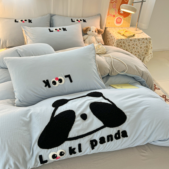 91家纺网 家纺一手货源 找家纺 多乐家纺 2025新款超柔加厚有氧提花针织小竺棉绣花四件套(提供买家秀） 大脸猫-蓝灰