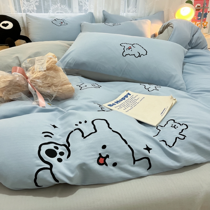 91家纺网 家纺一手货源 找家纺 多乐家纺 2025新款超柔加厚有氧提花针织小竺棉绣花四件套(提供买家秀） 小白-蓝灰