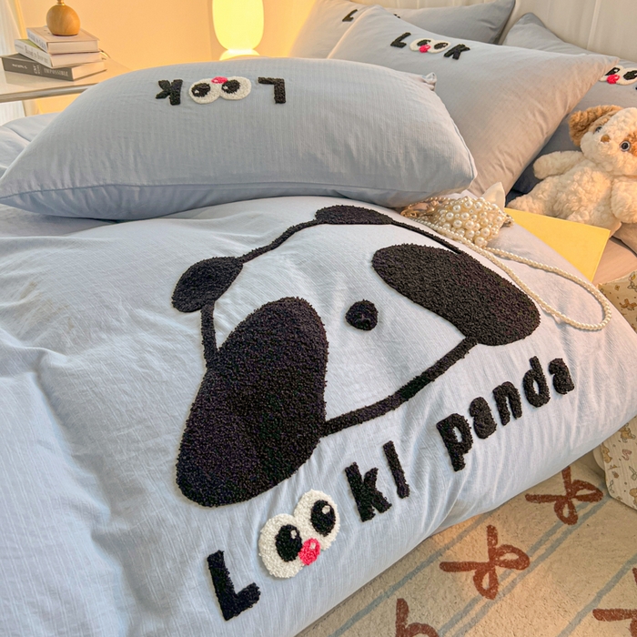 91家纺网 家纺一手货源 找家纺 多乐家纺 2025新款超柔加厚有氧提花针织小竺棉绣花四件套(提供买家秀） 大脸猫-蓝蓝