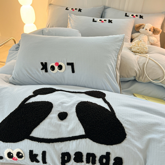 91家纺网 家纺一手货源 找家纺 多乐家纺 2025新款超柔加厚有氧提花针织小竺棉绣花四件套(提供买家秀） 大脸猫-蓝灰