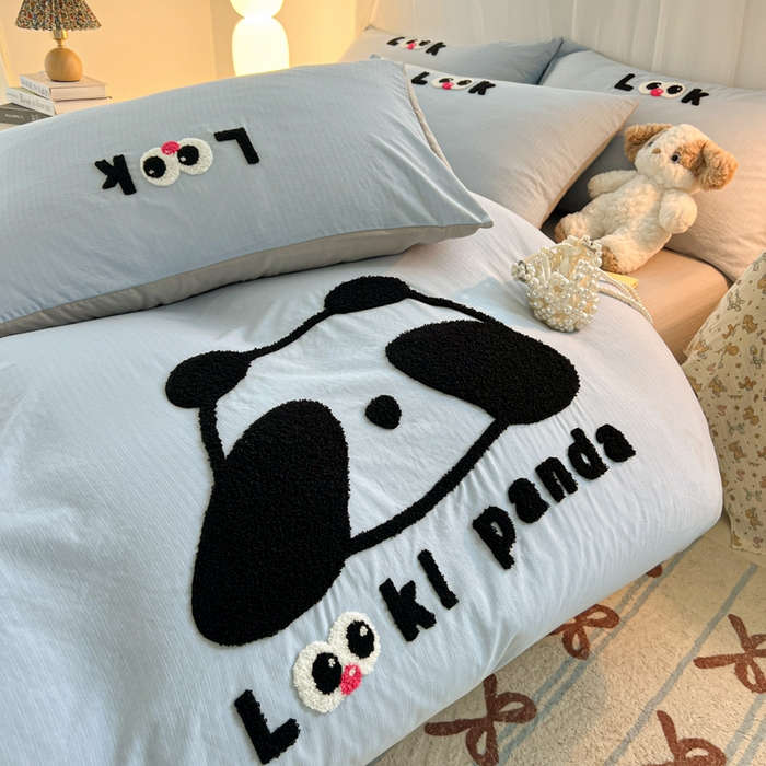 91家纺网 家纺一手货源 找家纺 多乐家纺 2025新款超柔加厚有氧提花针织小竺棉绣花四件套(提供买家秀） 大脸猫-蓝灰