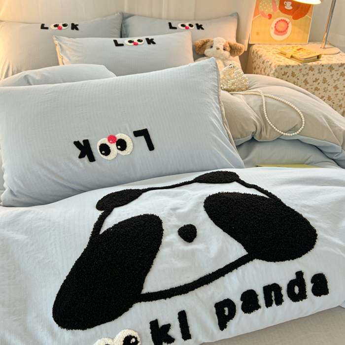 91家纺网 家纺一手货源 找家纺 多乐家纺 2025新款超柔加厚有氧提花针织小竺棉绣花四件套(提供买家秀） 大脸猫-蓝灰