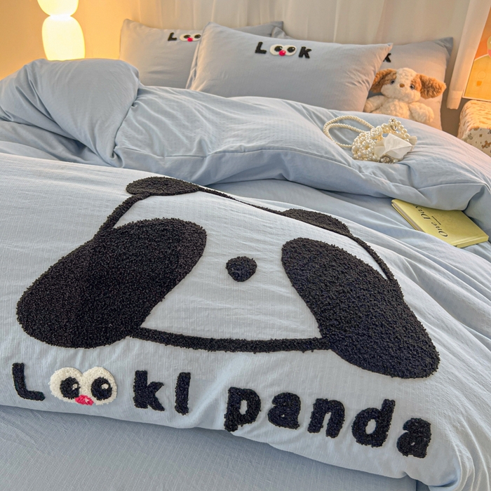 91家纺网 家纺一手货源 找家纺 多乐家纺 2025新款超柔加厚有氧提花针织小竺棉绣花四件套(提供买家秀） 大脸猫-蓝蓝