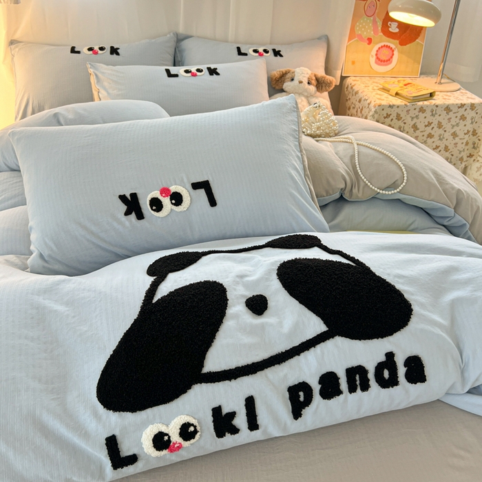 91家纺网 家纺一手货源 找家纺 多乐家纺 2025新款超柔加厚有氧提花针织小竺棉绣花四件套(提供买家秀） 大脸猫-蓝灰