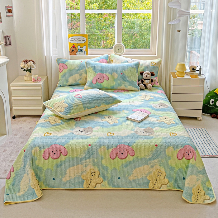 羽爱家纺 2025新款A类13372全棉印花砂洗床盖套件 狗狗猫