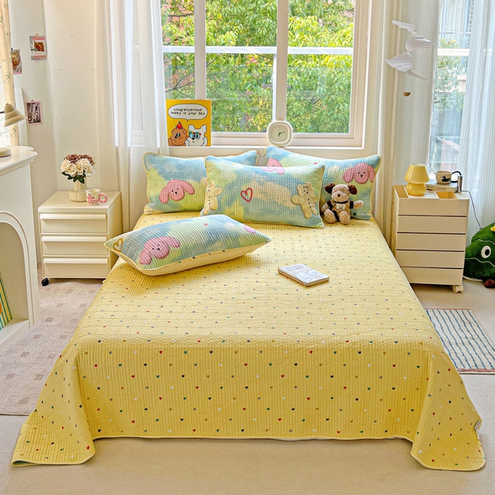 91家纺网 家纺一手货源 找家纺 羽爱家纺 2025新款A类13372全棉印花砂洗床盖套件 狗狗猫