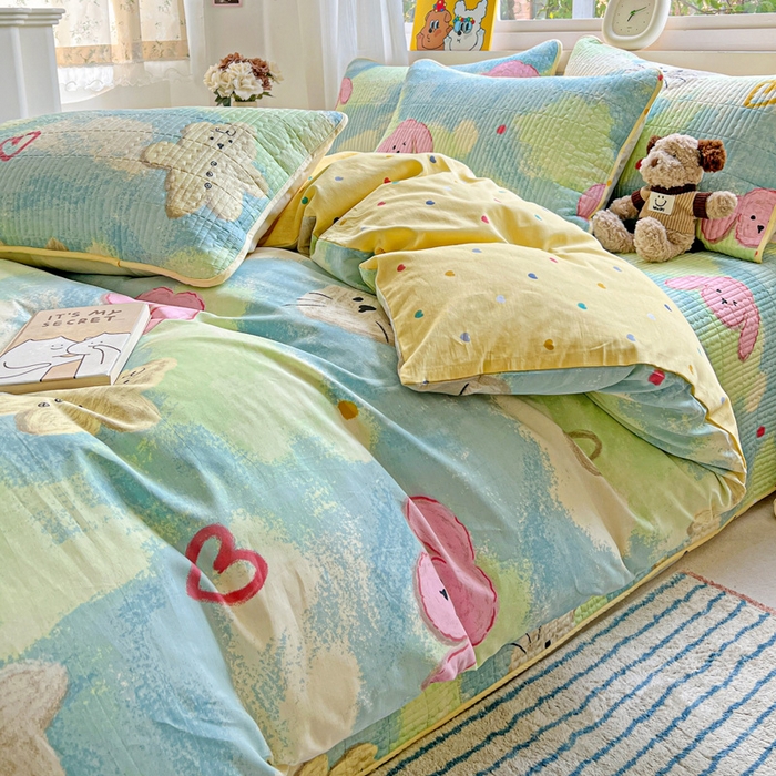 91家纺网 家纺一手货源 找家纺 羽爱家纺 2025新款A类13372全棉印花砂洗床盖套件 狗狗猫