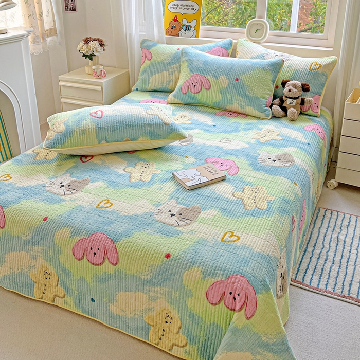 91家纺网 家纺一手货源 找家纺 羽爱家纺 2025新款A类13372全棉印花砂洗床盖套件 狗狗猫