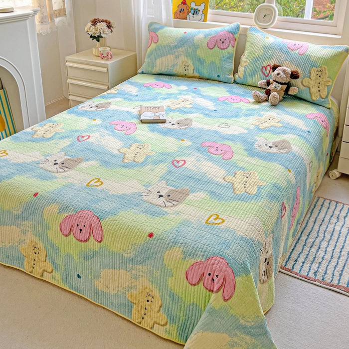 91家纺网 家纺一手货源 找家纺 羽爱家纺 2025新款A类13372全棉印花砂洗床盖套件 狗狗猫