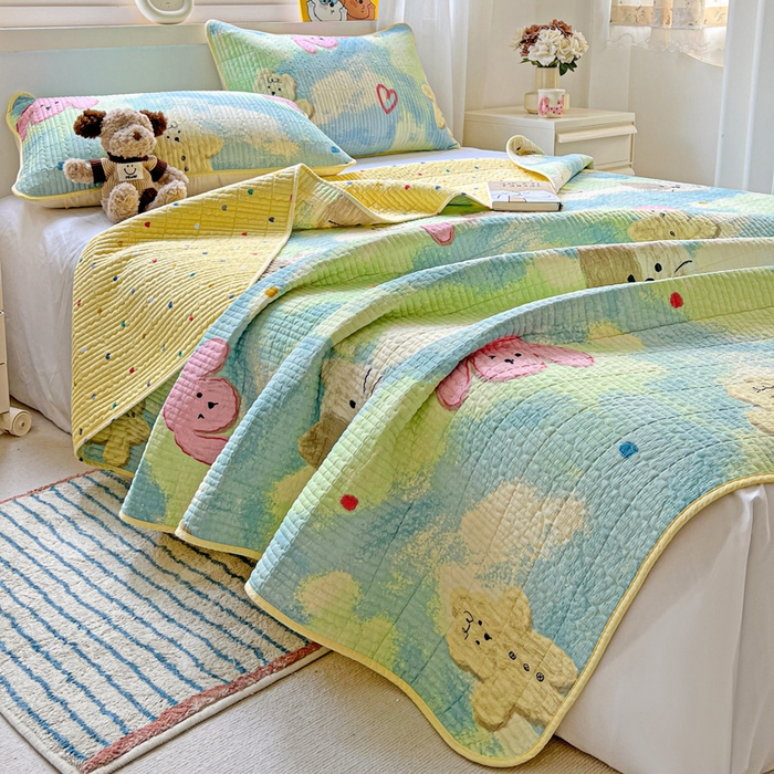 91家纺网 家纺一手货源 找家纺 羽爱家纺 2025新款A类13372全棉印花砂洗床盖套件 狗狗猫