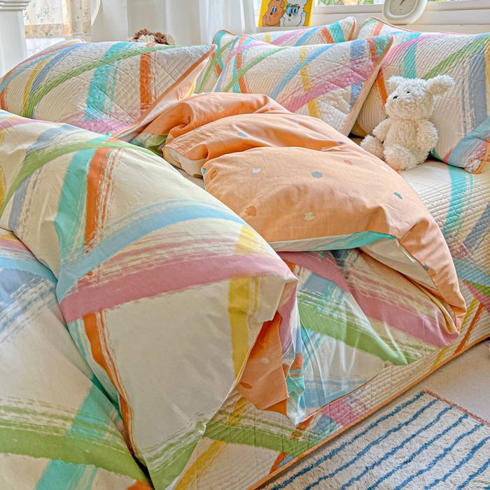 91家纺网 家纺一手货源 找家纺 羽爱家纺 2025新款A类13372全棉印花砂洗床盖套件 花火派对