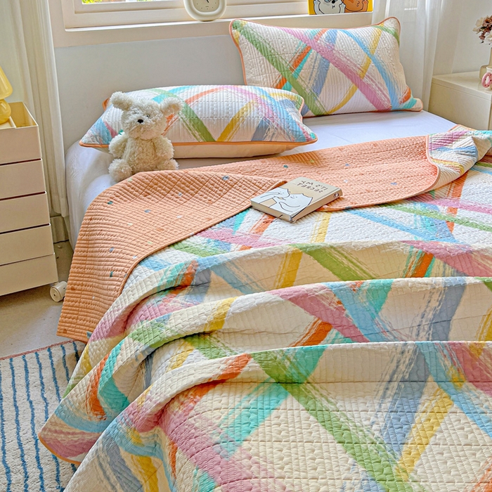 91家纺网 家纺一手货源 找家纺 羽爱家纺 2025新款A类13372全棉印花砂洗床盖套件 花火派对