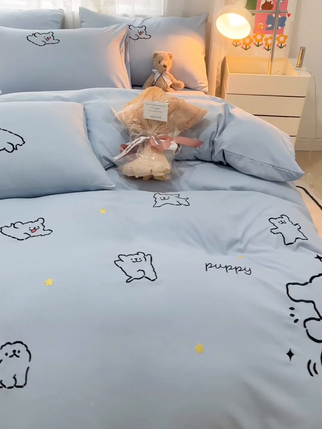 91家纺网 家纺一手货源 找家纺 多乐家纺 2025新款超柔加厚有氧提花针织小竺棉绣花四件套(提供买家秀） 小白-蓝蓝