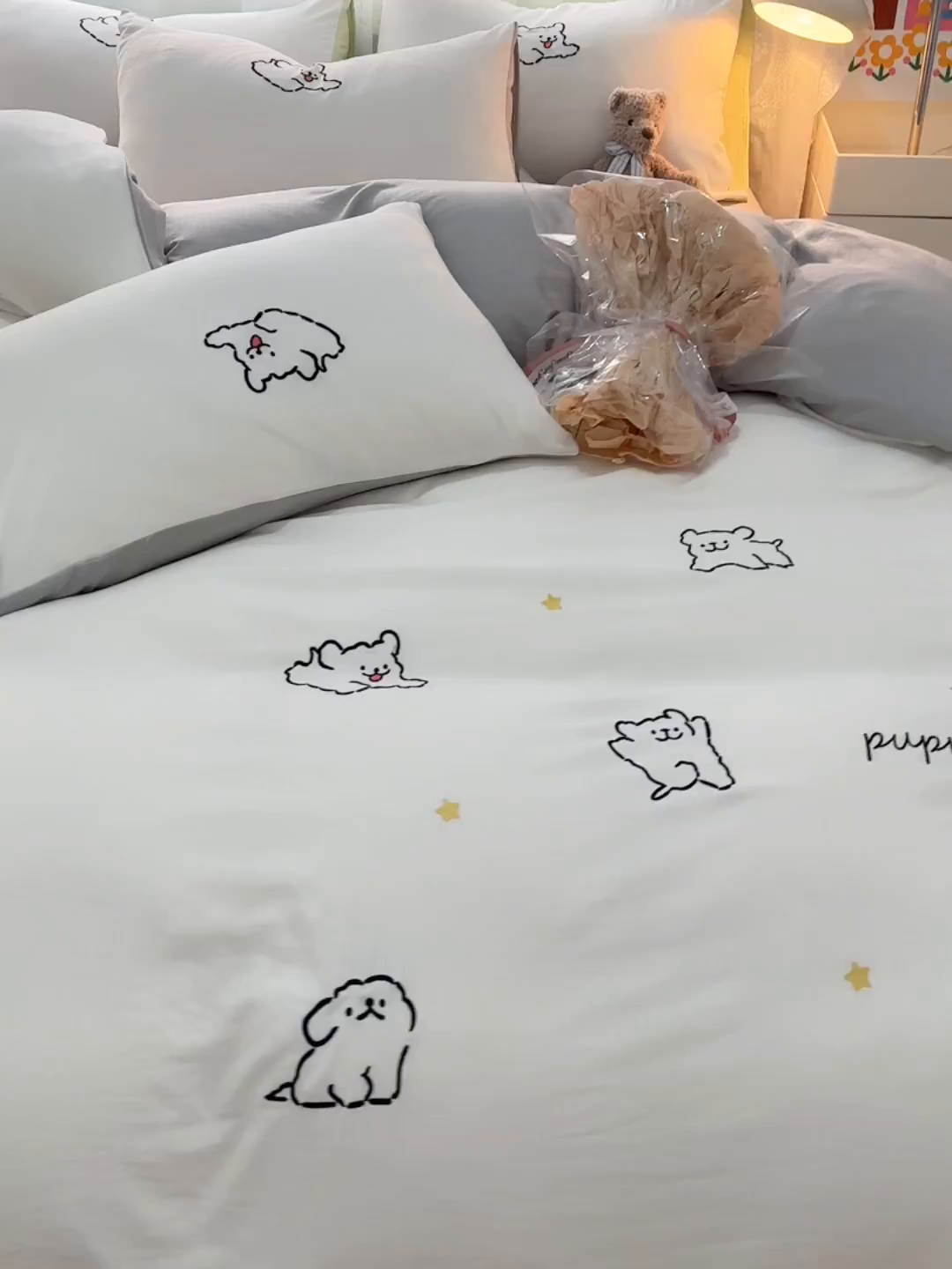 91家纺网 家纺一手货源 找家纺 多乐家纺 2025新款超柔加厚有氧提花针织小竺棉绣花四件套(提供买家秀） 小白-白灰