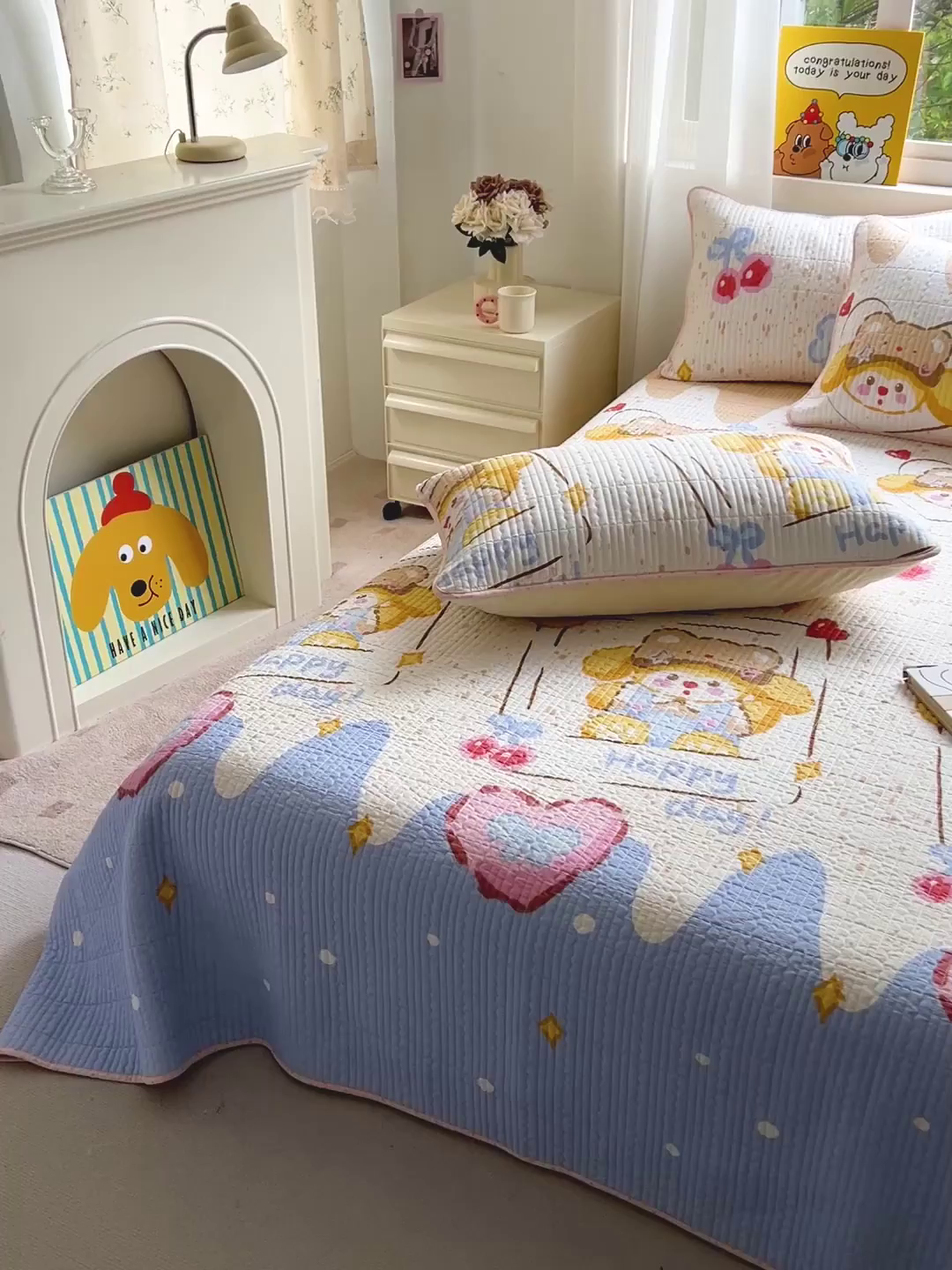 91家纺网 家纺一手货源 找家纺 羽爱家纺 2025新款A类13372全棉印花砂洗床盖套件 可爱巴熊