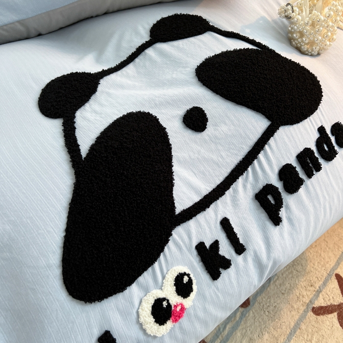 91家纺网 家纺一手货源 找家纺 多乐家纺 2025新款超柔加厚有氧提花针织小竺棉绣花四件套(提供买家秀） 大脸猫-蓝灰