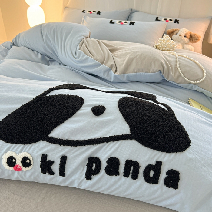 91家纺网 家纺一手货源 找家纺 多乐家纺 2025新款超柔加厚有氧提花针织小竺棉绣花四件套(提供买家秀） 大脸猫-蓝灰