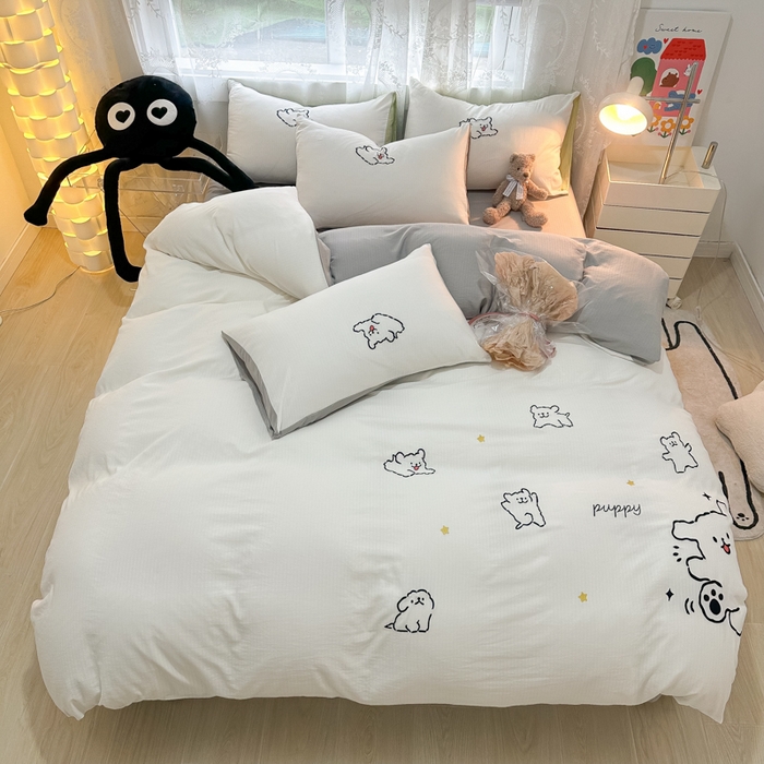 91家纺网 家纺一手货源 找家纺 多乐家纺 2025新款超柔加厚有氧提花针织小竺棉绣花四件套(提供买家秀） 小白-白灰