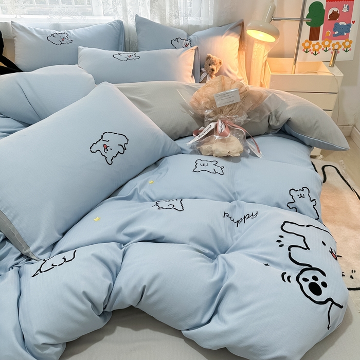 91家纺网 家纺一手货源 找家纺 多乐家纺 2025新款超柔加厚有氧提花针织小竺棉绣花四件套(提供买家秀） 小白-蓝灰