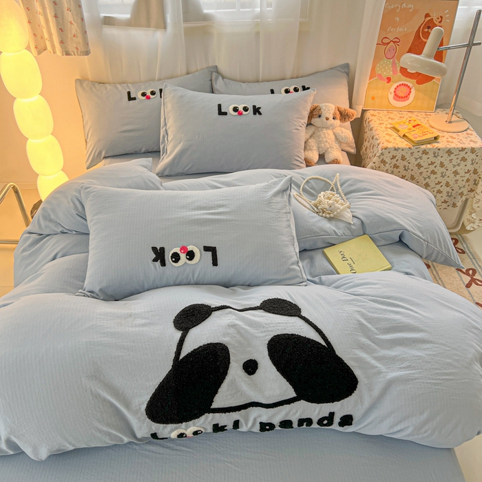 多乐家纺 2025新款超柔加厚有氧提花针织小竺棉绣花四件套(提供买家秀） 大脸猫-蓝蓝