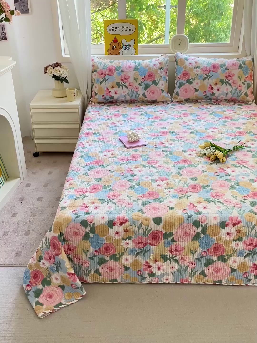 91家纺网 家纺一手货源 找家纺 羽爱家纺 2025新款A类13372全棉印花砂洗床盖套件 满溪