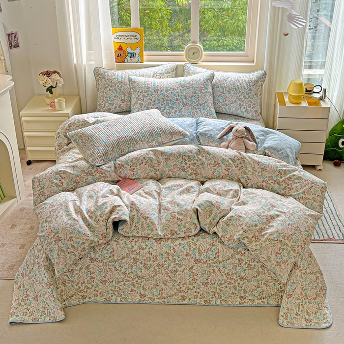 91家纺网 家纺一手货源 找家纺 羽爱家纺 2025新款A类13372全棉印花砂洗床盖套件 暮春色