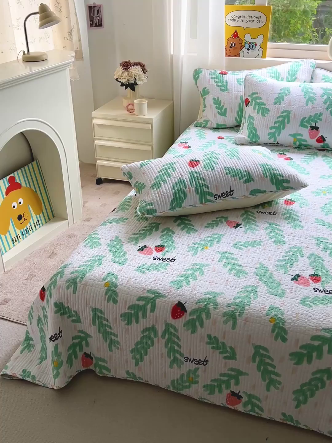 91家纺网 家纺一手货源 找家纺 羽爱家纺 2025新款A类13372全棉印花砂洗床盖套件 青春派