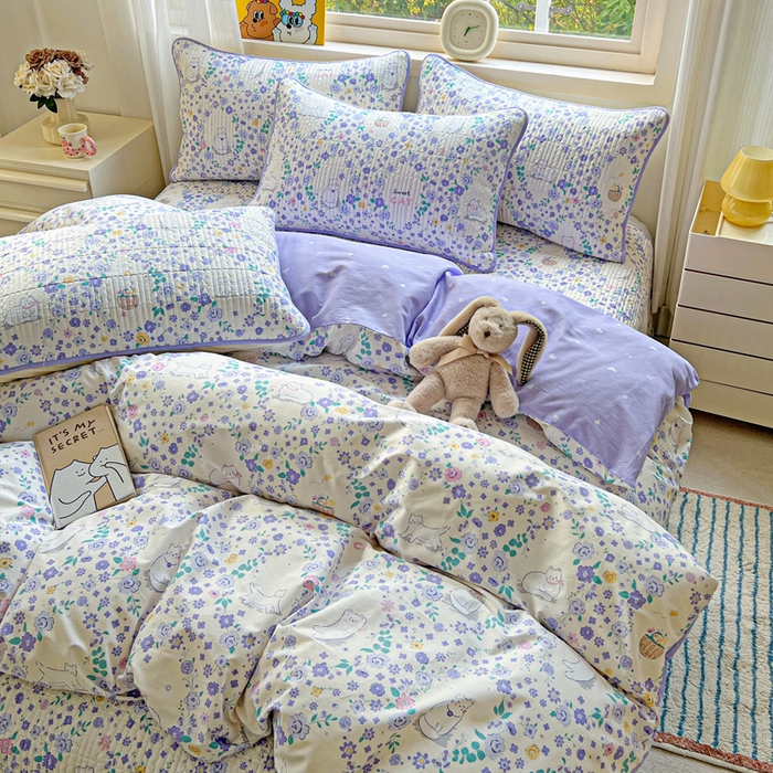 91家纺网 家纺一手货源 找家纺 羽爱家纺 2025新款A类13372全棉印花砂洗床盖套件 田园猫