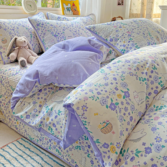 91家纺网 家纺一手货源 找家纺 羽爱家纺 2025新款A类13372全棉印花砂洗床盖套件 田园猫